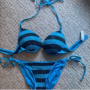 VS Pink Blue & Black Striped Sparkly Padded Bikini